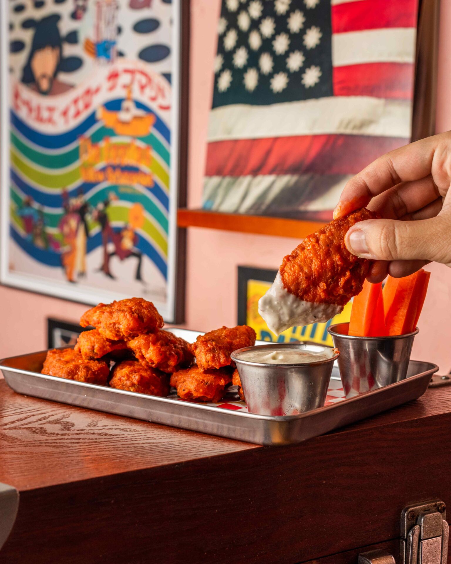 Buffalo wild wings with celery and blue cheese at Graceland American restaurant Hong Kong
